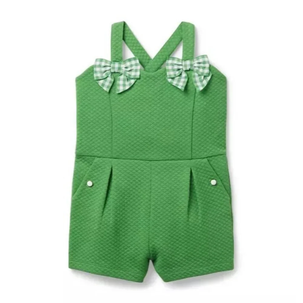 Janie And Jack Green Quilted Gingham Bow Romper Girls Size 8T - Picture 1 of 12